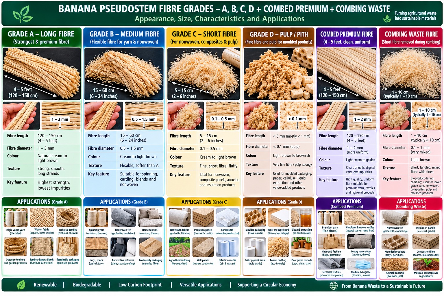 Banana pseudostem fibre grades A, B, C and D: appearance, size, characteristics and applications